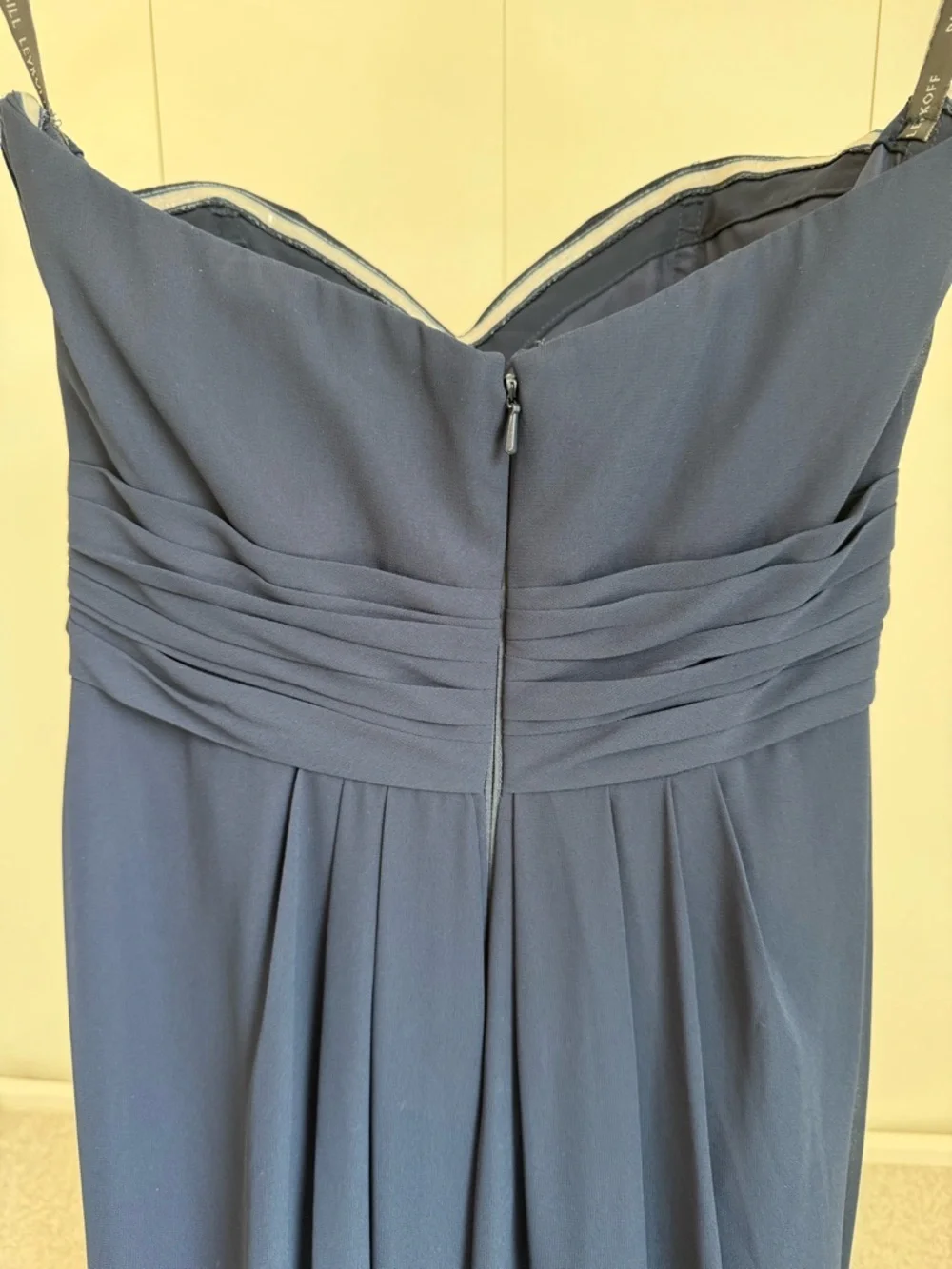 Bill Levkoff Rouched Navy Chiffon Bridesmaid Dress Strapless Maxi Formal Sz 8 - Picture 5 of 15